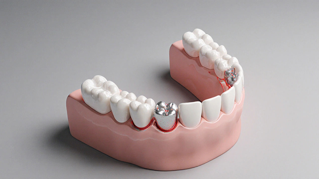 3D řez zobrazující rozložení sil na keramické a metal‑keramické korunkě během skusu.