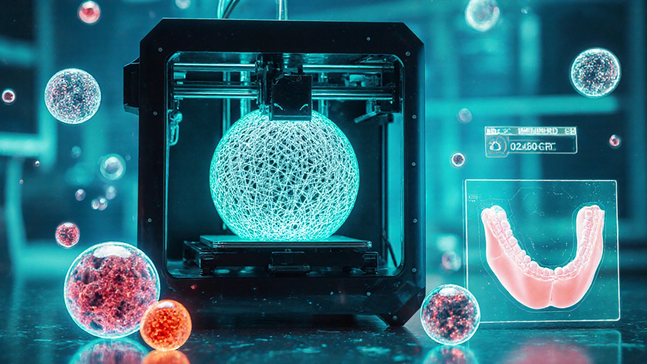 3D tiskárna vytváří porézní scaffold, kolem něj buňky a PRP kapky v laboratoři.