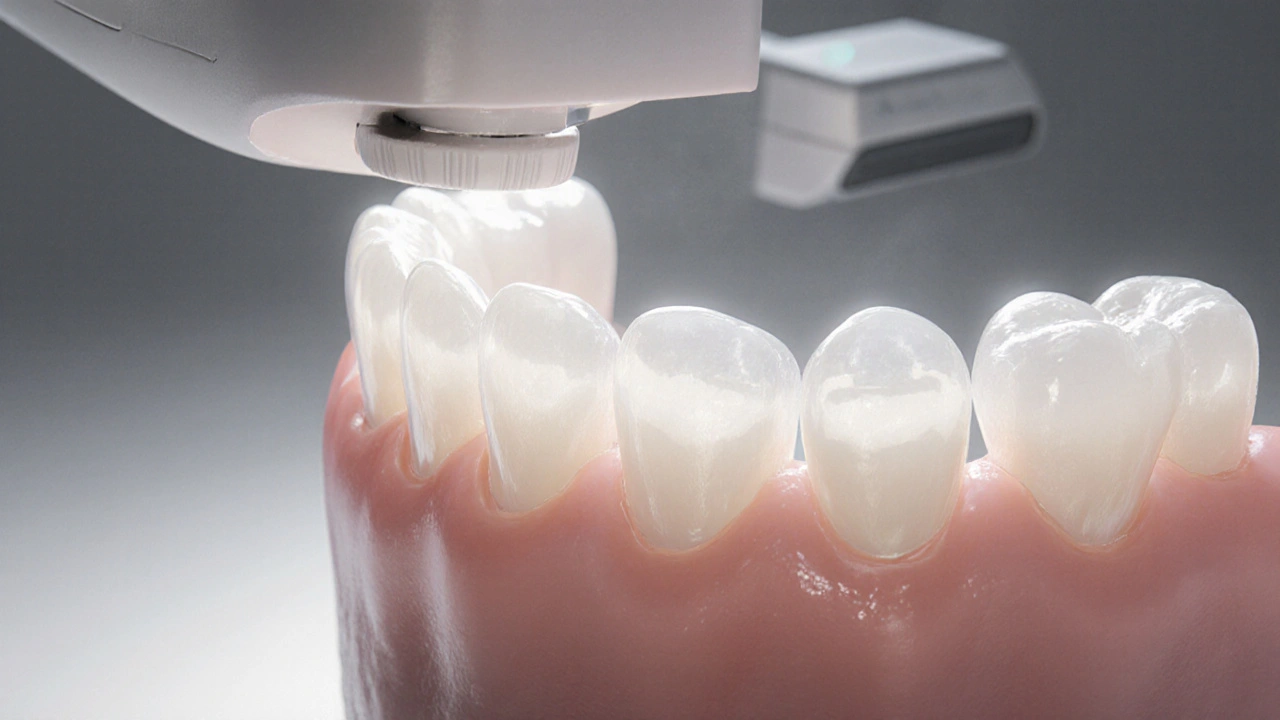 Celokeramická korunka přesně sedící na připraveném zubu s přirozeným vzhledem.