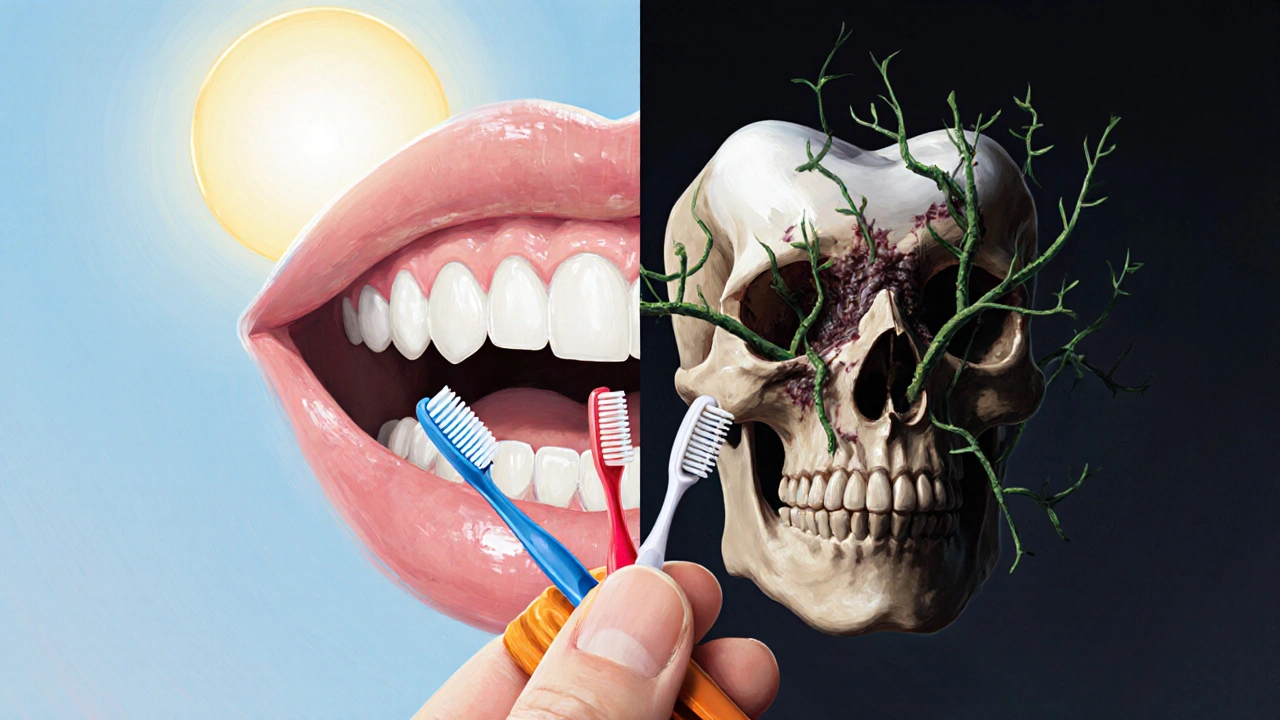 Dvě strany úst: zdravé na jedné, infikované na druhé, s nástroji pro prevenci mezi nimi.