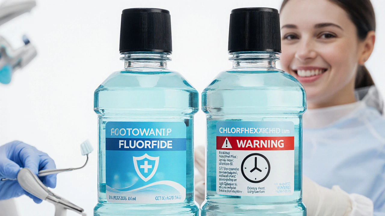 Dvě typy zubních vod: fluoridová pro každodenní použití a chlorhexidinová pro krátkodobou léčbu.