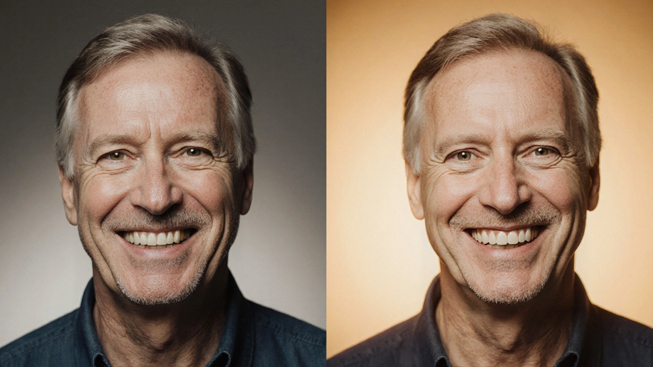 Dvojité portrétové zobrazení: před a po – transformace úsměvu díky estetickým fazetám.