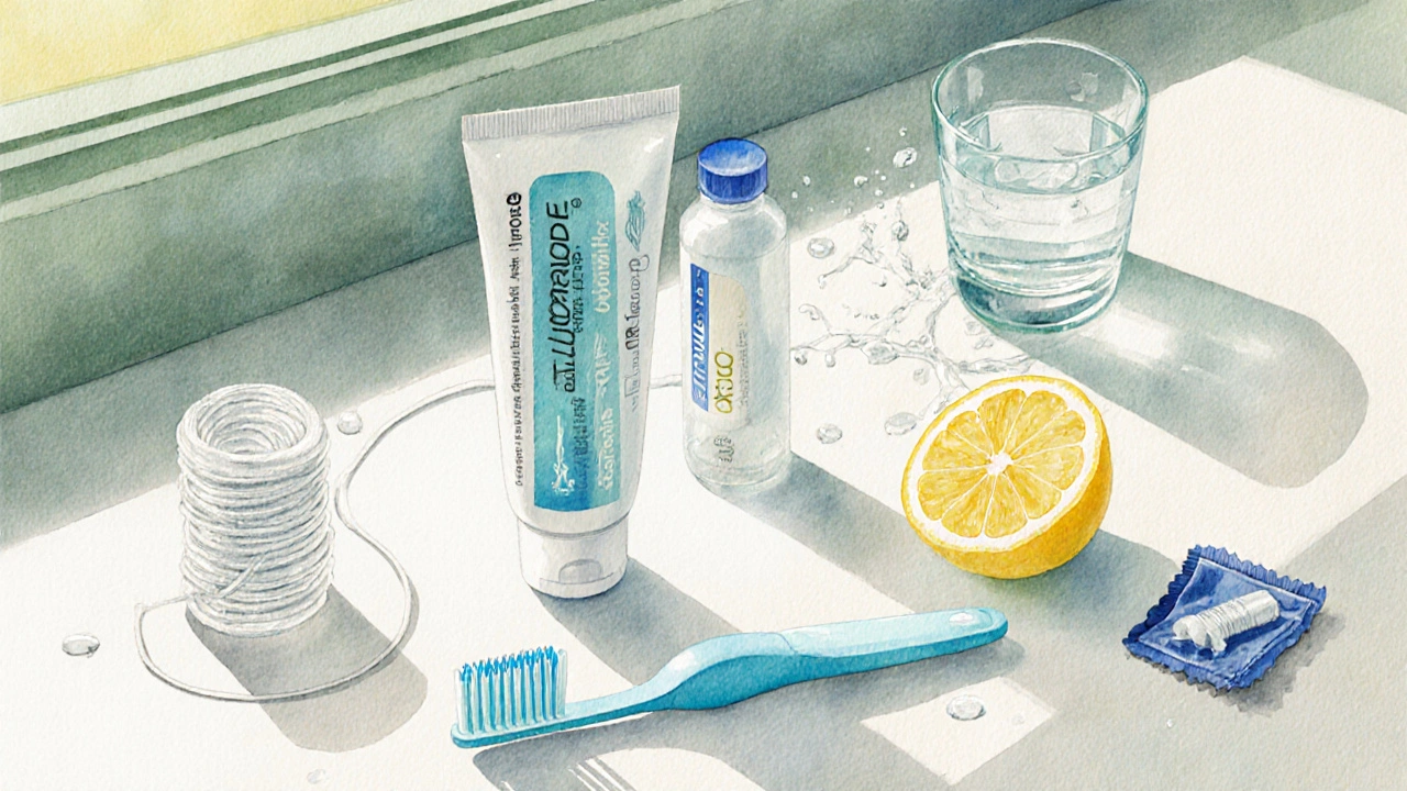 Ilustrace koupelny s měkkým zubním kartáčkem, fluoridovou pastou, dentální nití, citronem a balíčkem xylitolu.