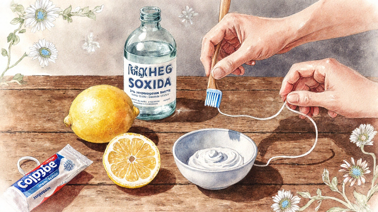 Ilustrace kuchyňské linky s jedlou sodou, peroxidem a dentálním floss.