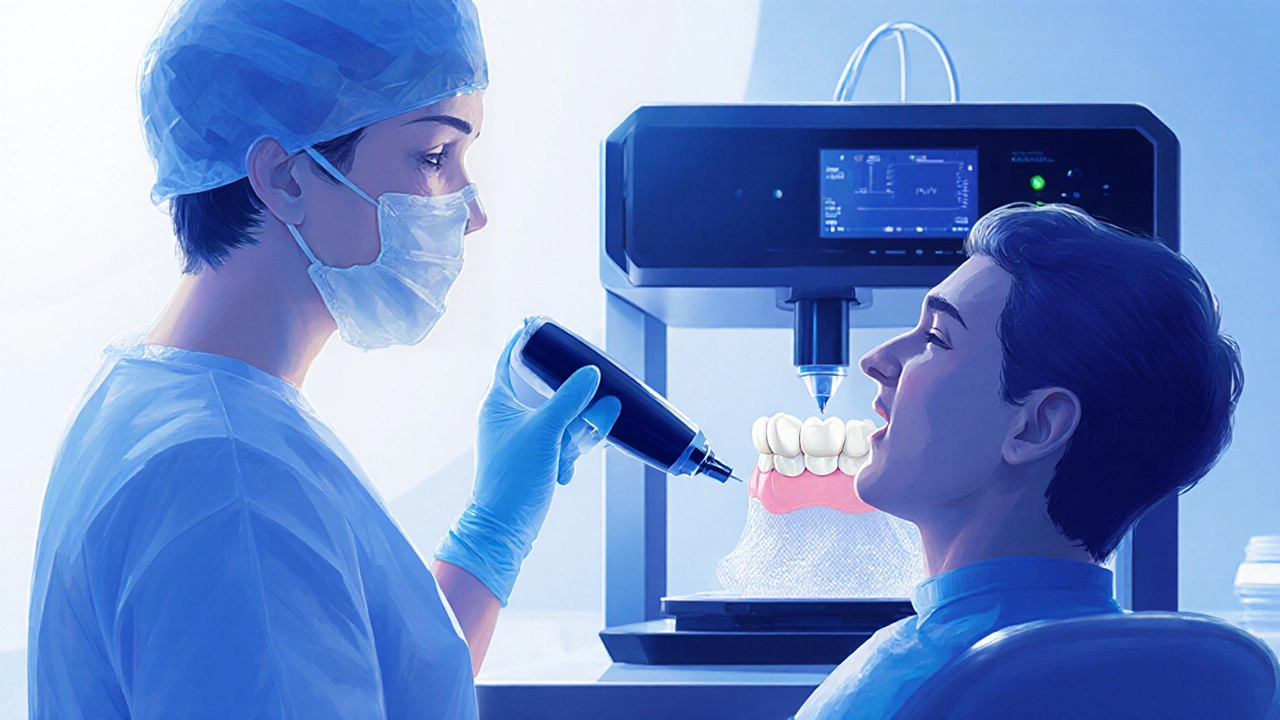 Laboratorní scéna s 3D skenerem a tiskárnou, vyrábějící hybridní keramickou korunku.