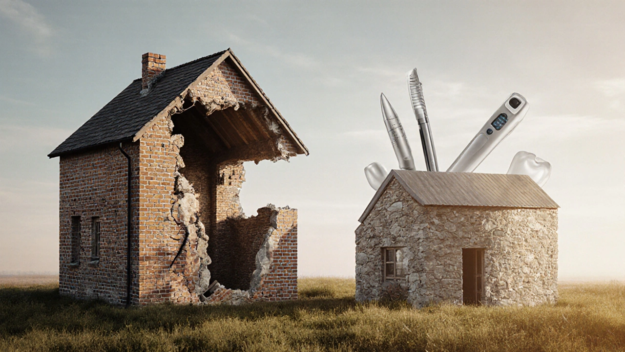 Metafora domu: zhroutivší dům jako poškozený zub a nový dům jako korunka.