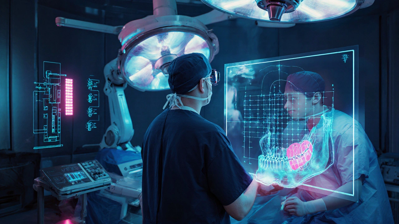 Operační sál s robotickým ramenem a CT‑navigací při implantaci čelistního šroubu.