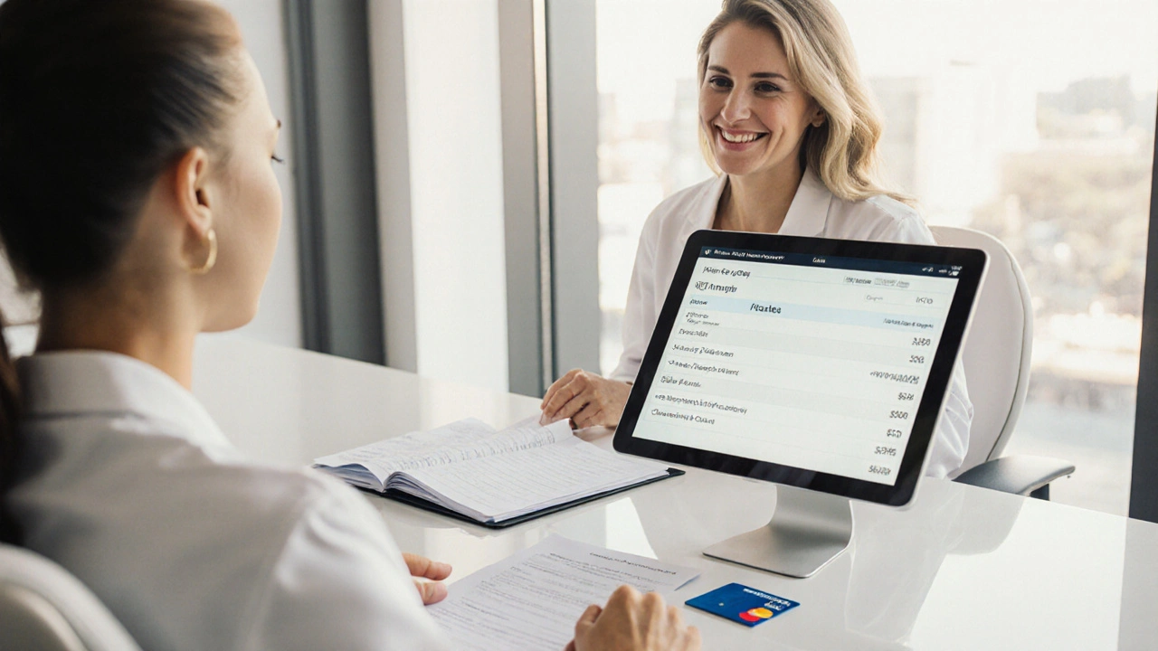 Pacient a zubař diskutují o financování opravy zubů, na stole leží pojišťovací karta a platební karta.