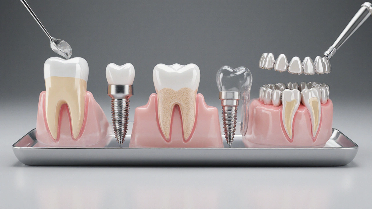 Pět dentálních řešení – výplň, korunka, veneer, implantát a můstek – vystavených na klinickém podnose.