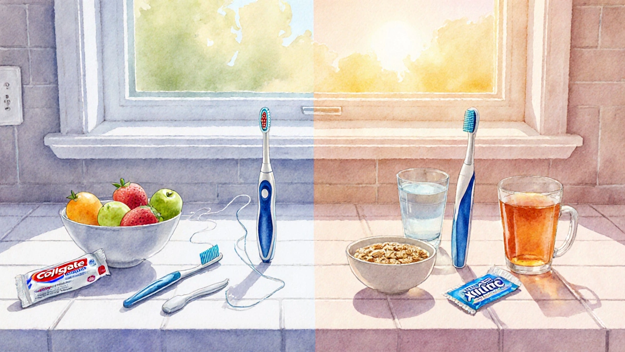 Ranní a večerní hygiena: kartáček, fluoridová pasta, nit, mezizubní kartáček a xylitolová žvýkačka na koupelnovém pultu.
