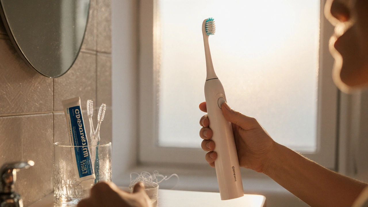 Ranní záběr na elektrický kartáček a dentální nit u zrcadla.