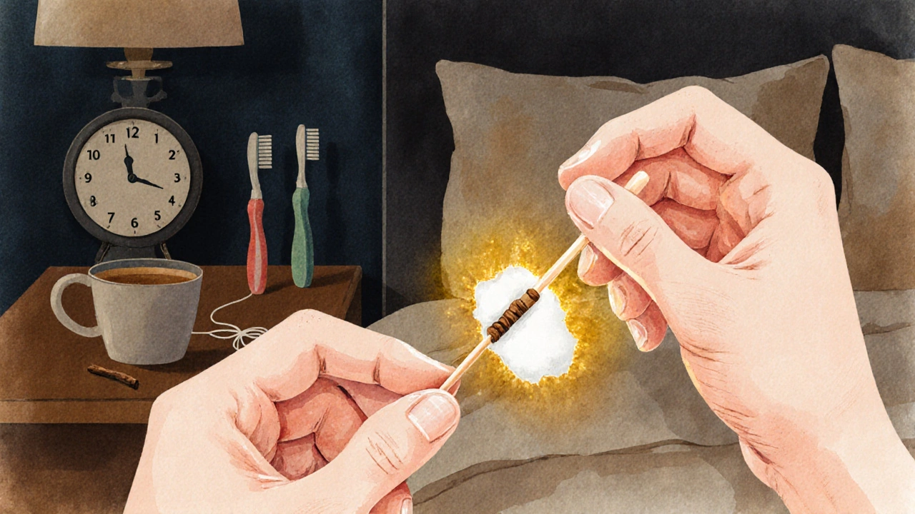 Ruka s vatovým tamponem namočeným v oleji z křenového stromu na bolestivém zubu.