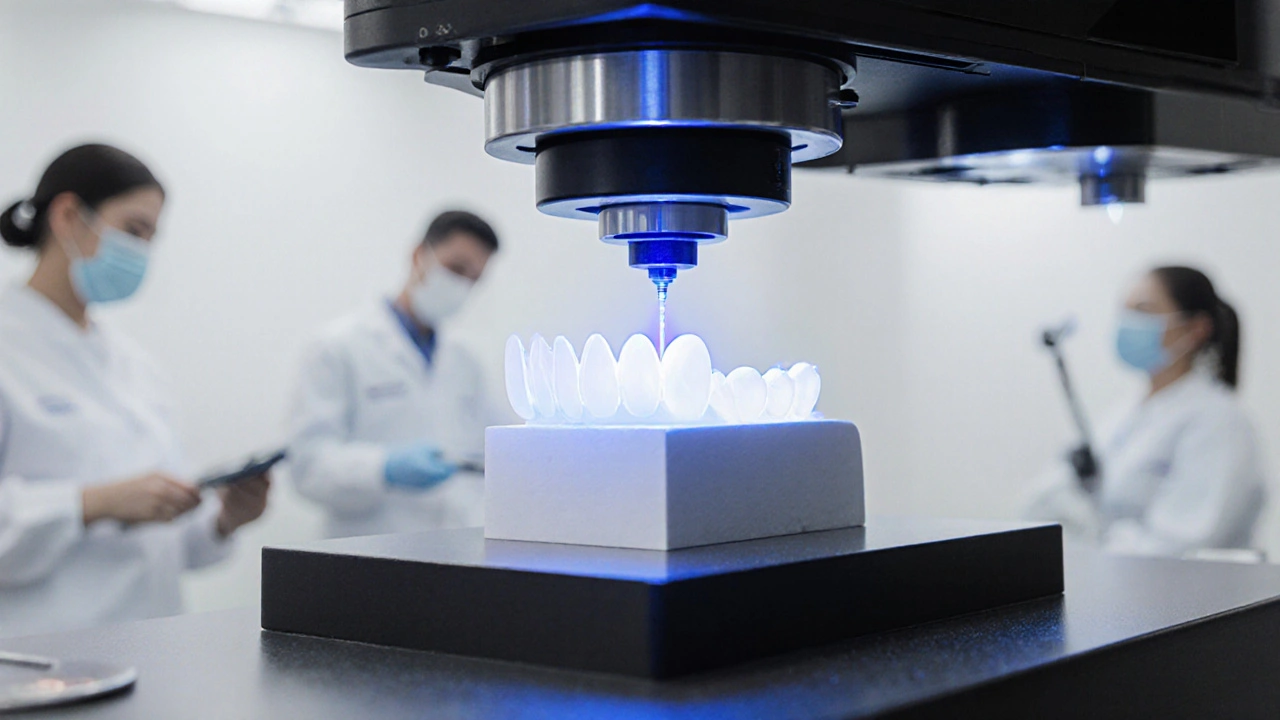 Zirkonová korunka vyrobená CAD/CAM strojem z jednoho kusu materiálu v zubní laboratoři.