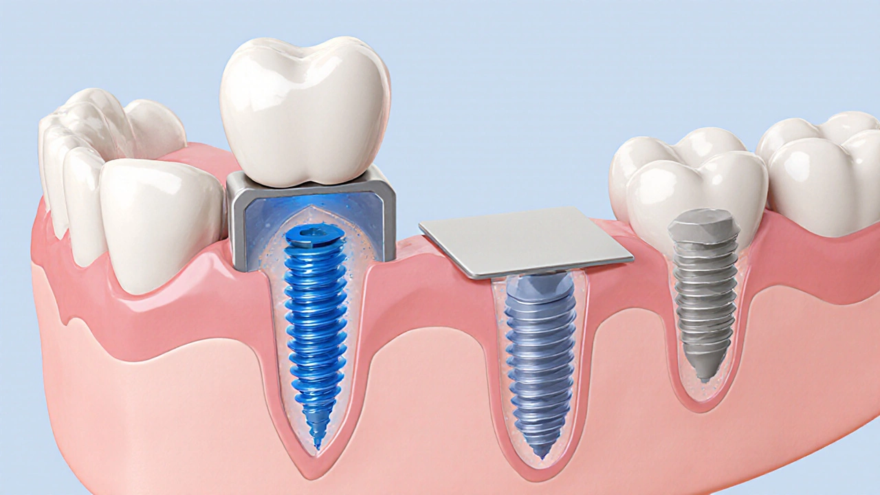 3D průřez čelisti s třemi typy zubních implantátů barevně kódovanými podle četnosti použití.