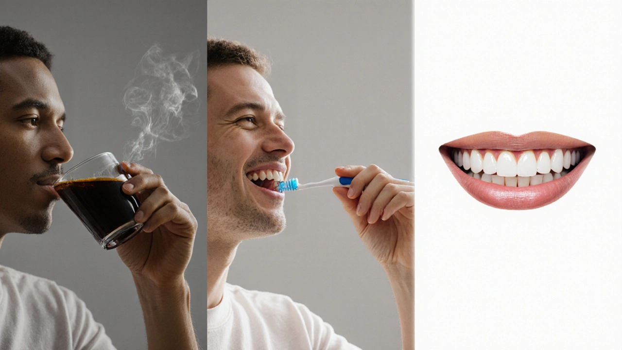 Chronologický vývoj péče o zuby od znečištění k bílému úsměvu.