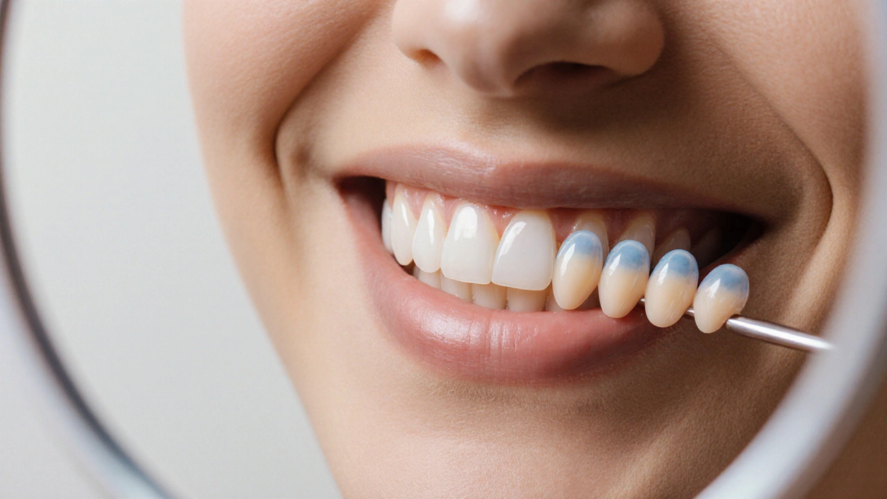 Close-up of translucent ceramic veneers bonded to front teeth with natural enamel-like texture.