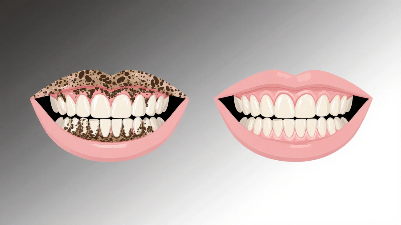 Contrasting close-up of teeth with and without tartar buildup and stains.