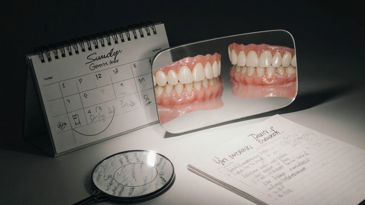 Dentální zrcátko a poznámky vedle kalendáře, symbolizující pravidelnou kontrolu protézy.