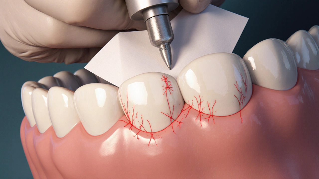Dentist adjusting a dental crown using articulation paper and a diamond bur.