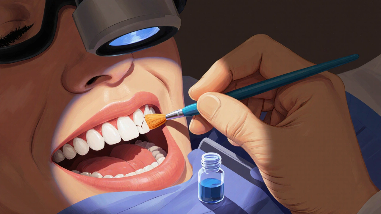 Dentista opravuje prasklý zub kompozitní plombou pod zvětšovací lampou.