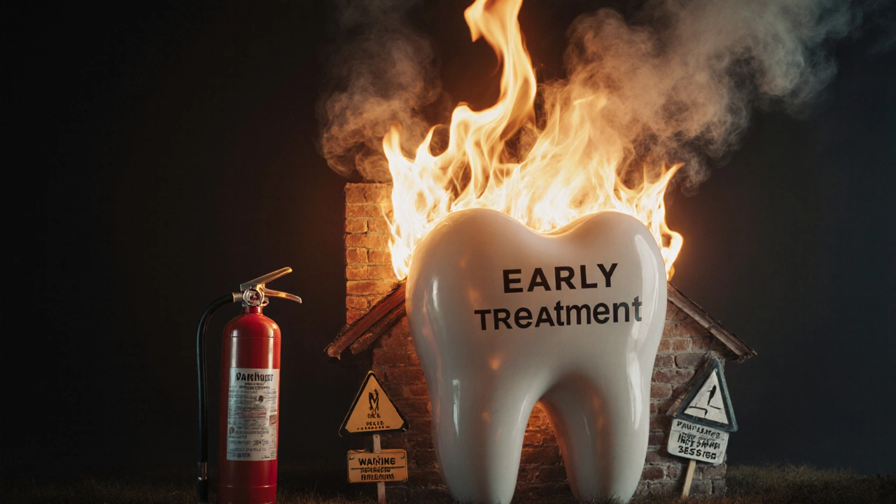 Dům hoří z malé trhliny na střeše, zástupce zubního lékaře ho hasí.