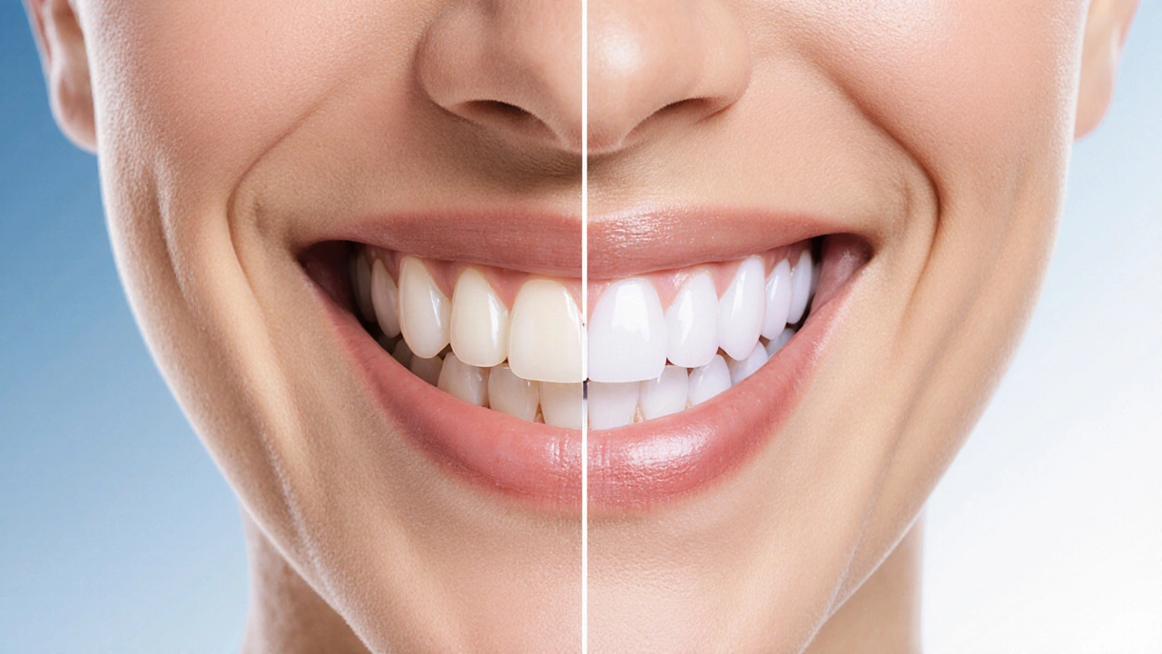 Dva modely zubů: křivé před vs. dokonalé s fazetami.