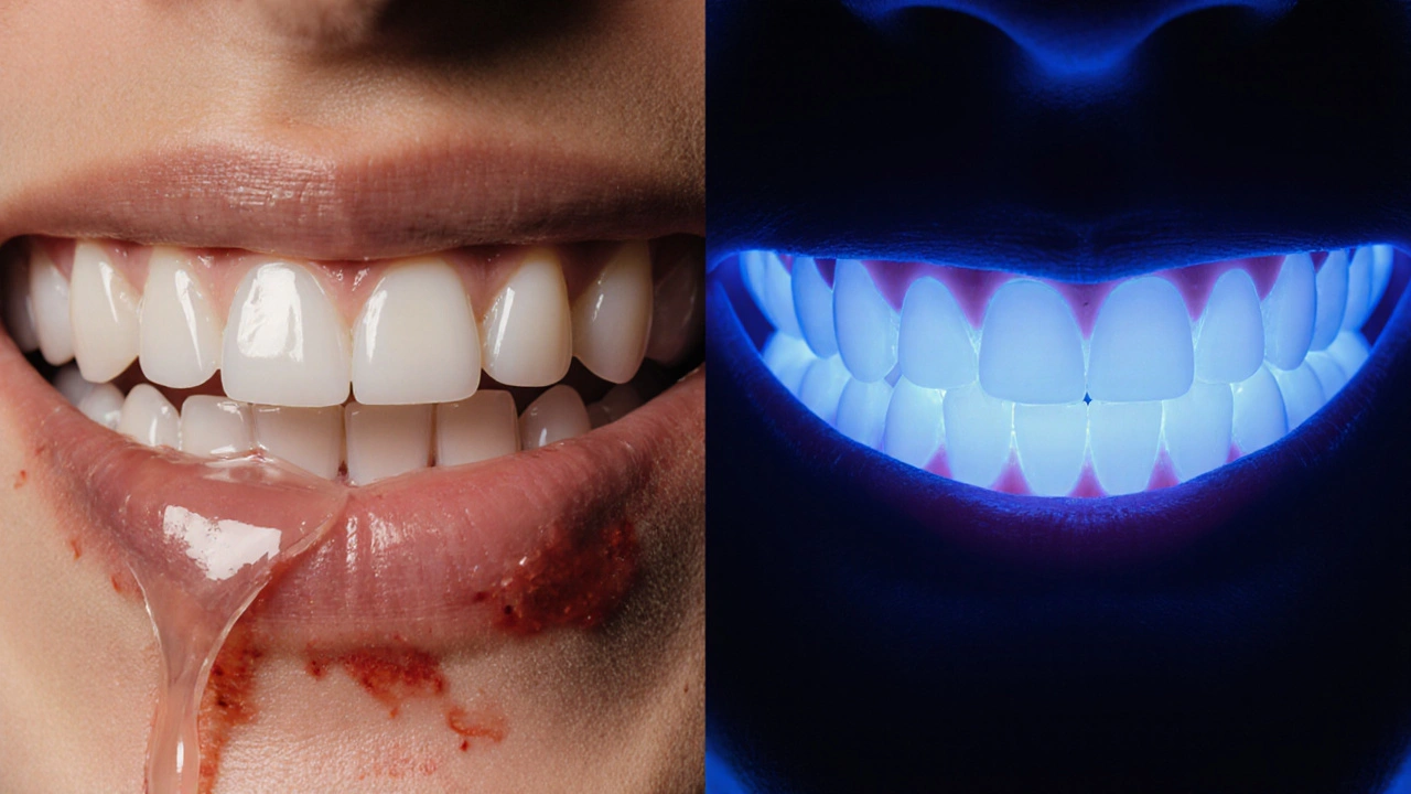 Dvě zubní šablony: jedna špatně sedí a tekoucí gel, druhá přesně přizpůsobená a bez úniku.