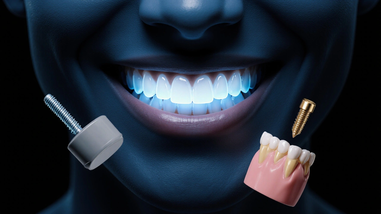 Glowing zirconia crown at the center of a smile, symbolizing implant restoration steps.