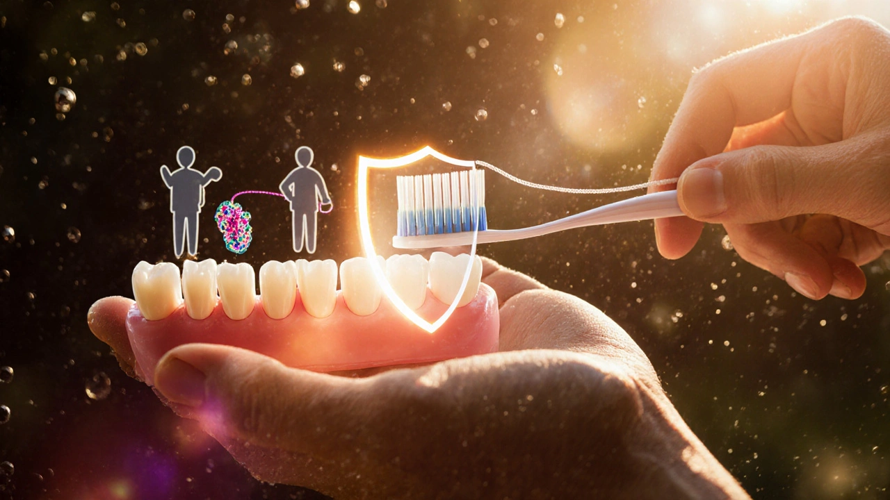 Hand holding toothbrush and floss with protective shield over teeth, repelling bacteria.