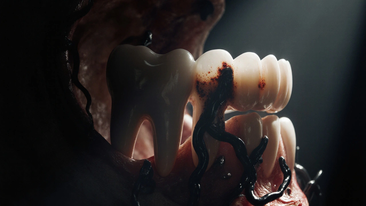 Keramická korunka s neviditelnou infekcí pod ní šířící se do čelisti.