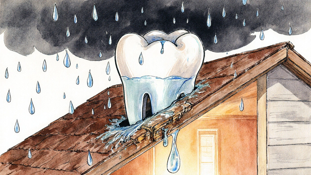 Metafora poškozeného zubu jako střechy s únikem vody do nosné konstrukce