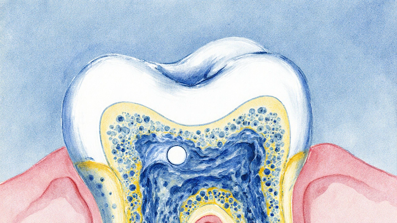 Mikroskopický pohled na rozšiřující se kávu pod sklovinou zubu s bakteriemi.