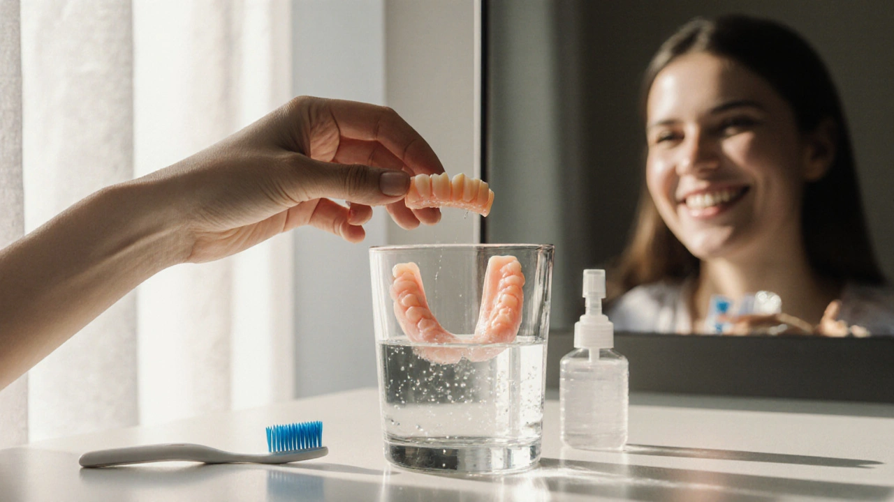 Nasazovací zuby ponořené ve vodě na noc, s kartáčkem a čisticím prostředkem vedle, v osvěženém prostředí.