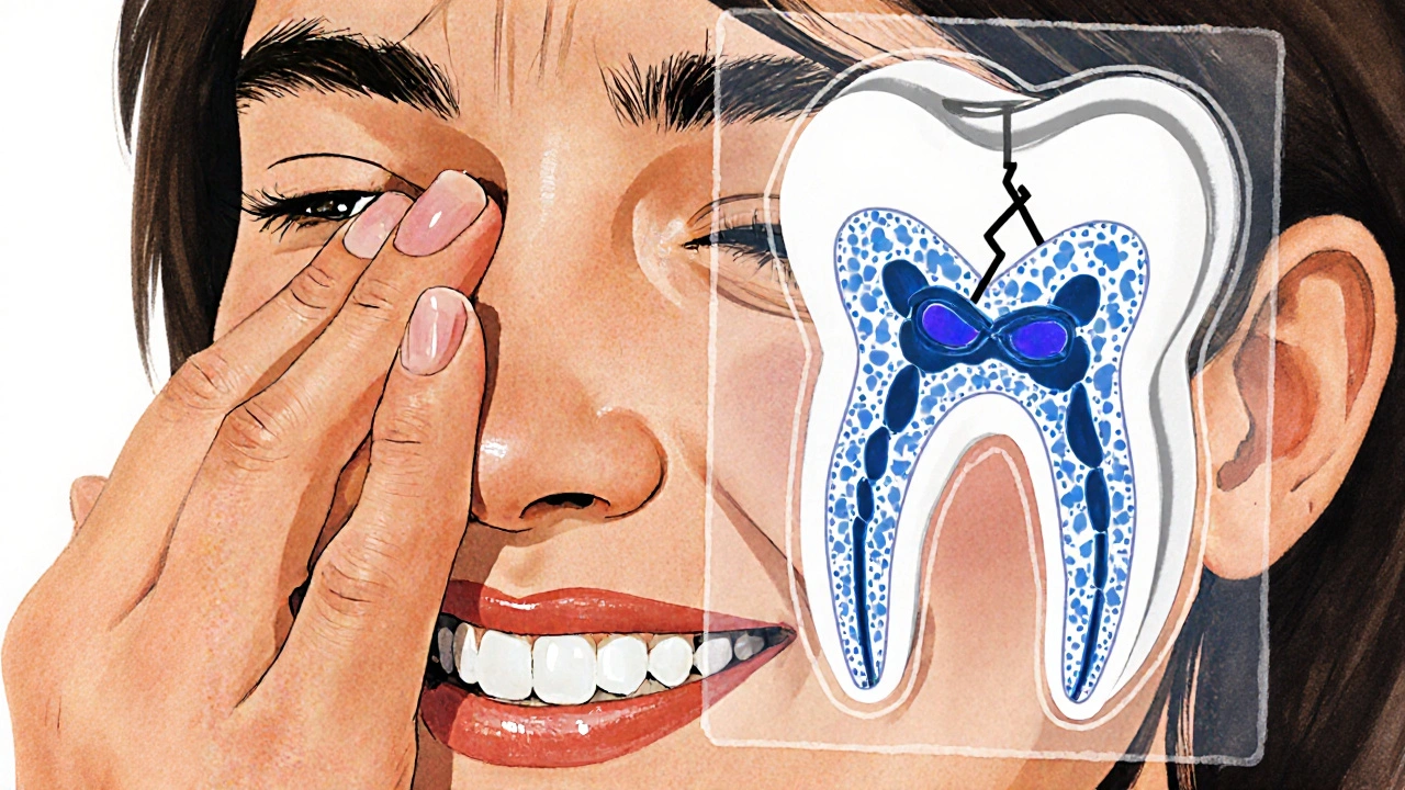 Osoba se šetrně přikrývá ústa, zatímco uvnitř zubu roste infekce.