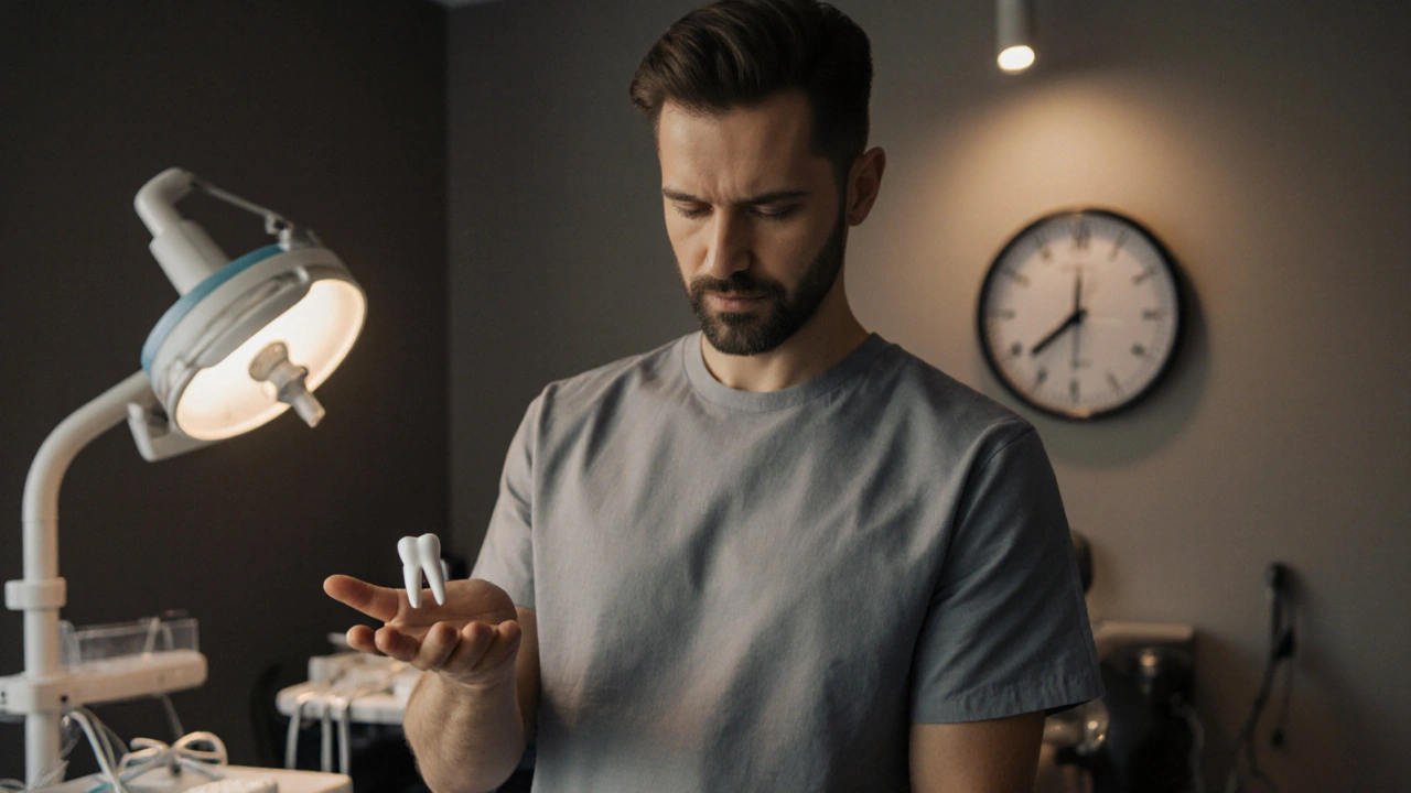 Pacient drží kousek vypadlé plomby v dětské ordinaci v Praze