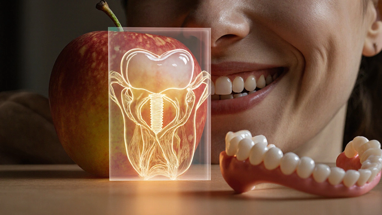 Pacient kousne do jablka, s průhledným zobrazením implantátu v čelisti a vyjmutelnou protézou na pozadí.