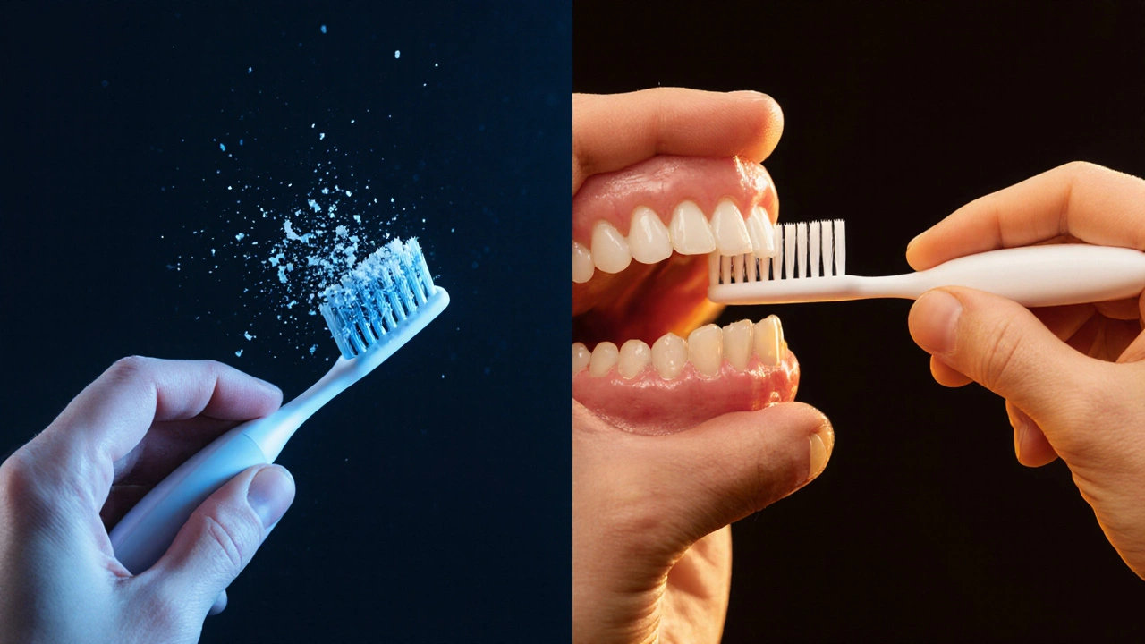 Porovnání běžného a solo kartáčku: chaoticke zbytky plaku vs. čistý mezizubní prostor.