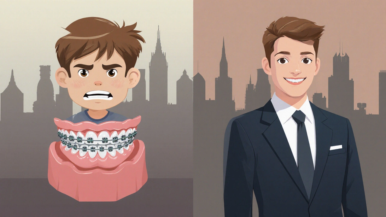 Porovnání starých kovových a moderních skrytých rovnátek u dospělého pacienta.