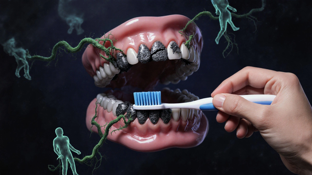 Poškozená protéza s kamenem a bakterie se šíří k přirozeným zubům.