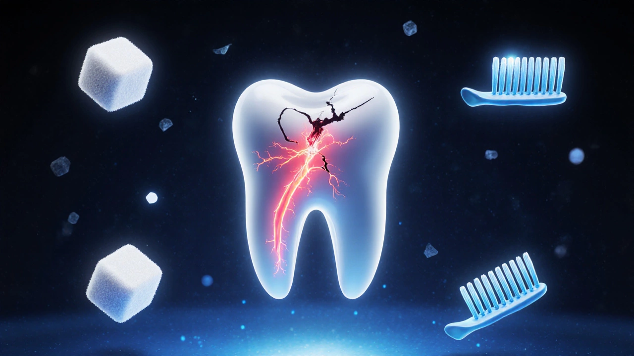 Poškozený přední zub s viditelným nervem a symboly příčin bolesti: cukr, kartáček, noční štít.
