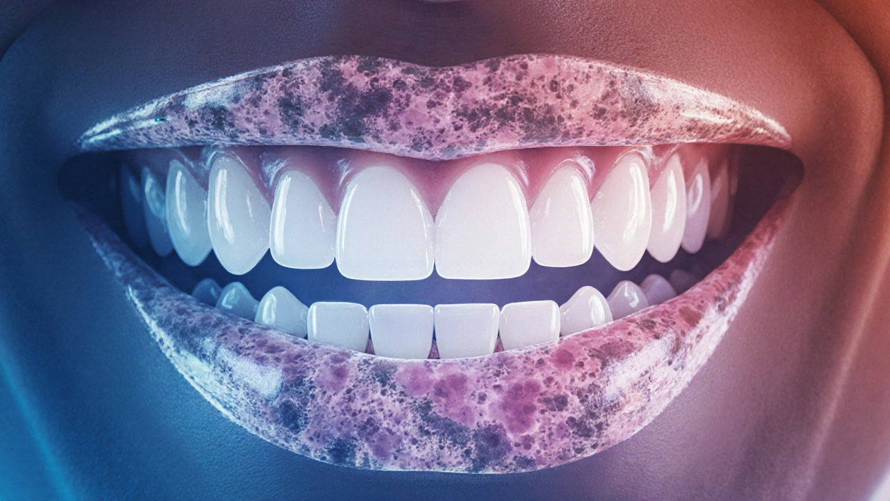 Postupné zhoršení úsměvu kvůli nečistotě mezi zuby.