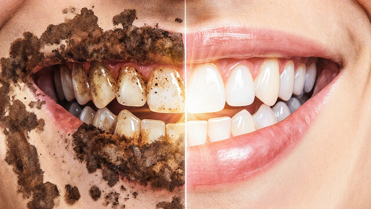 Přechod mezi zbarvenými a čistými zuby v ilustraci ústní dutiny.