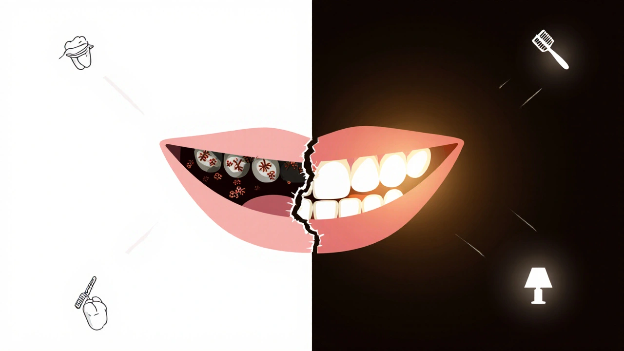 Přeměna poškozeného zubu v dokonalý úsměv – symbolický obraz léčby.