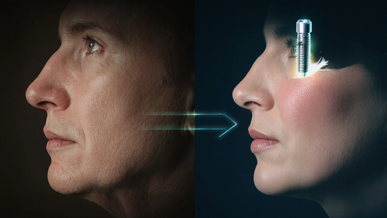 Profilingový obraz tváře: jedna strana se zhroutila, druhá je plná a mladistvá díky implantátu.