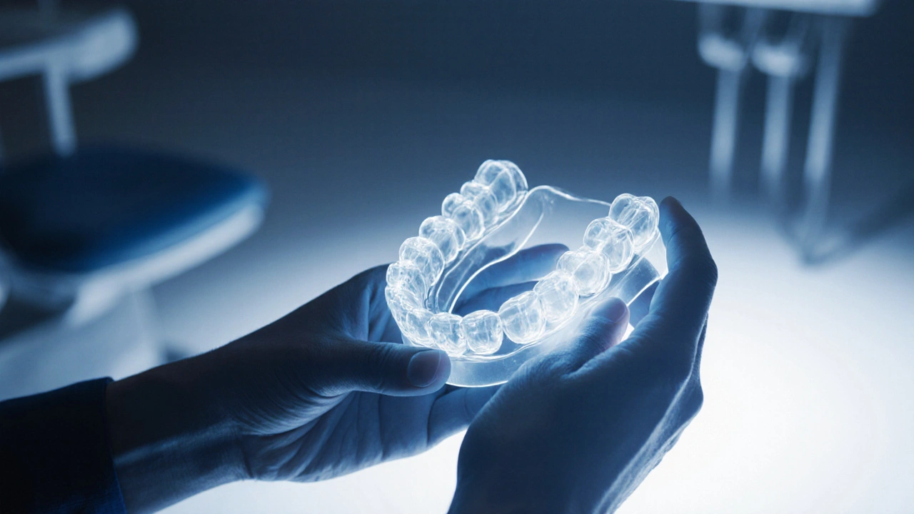 Průhledný retainer na rukou s grafickým znázorněním vyrovnání zubů.
