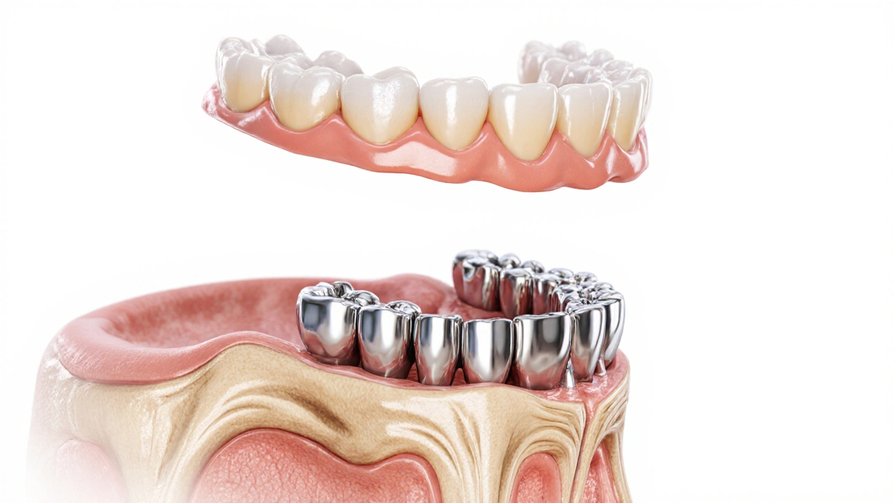 Průřez čelisti s kovovými teleskopy a odstranitelnou protézou.