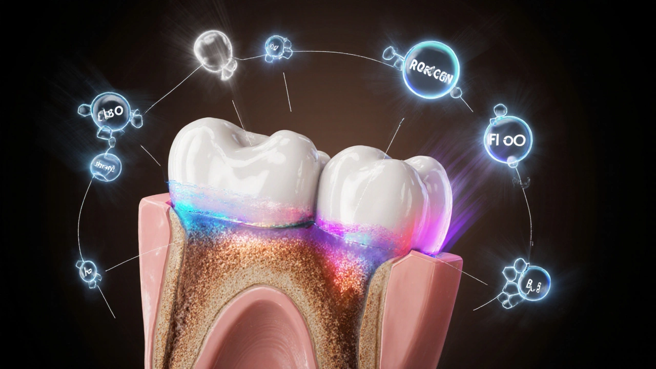 Průřez zubu ukazující, jak gel proniká do emailu a odstraňuje vnitřní skvrny.