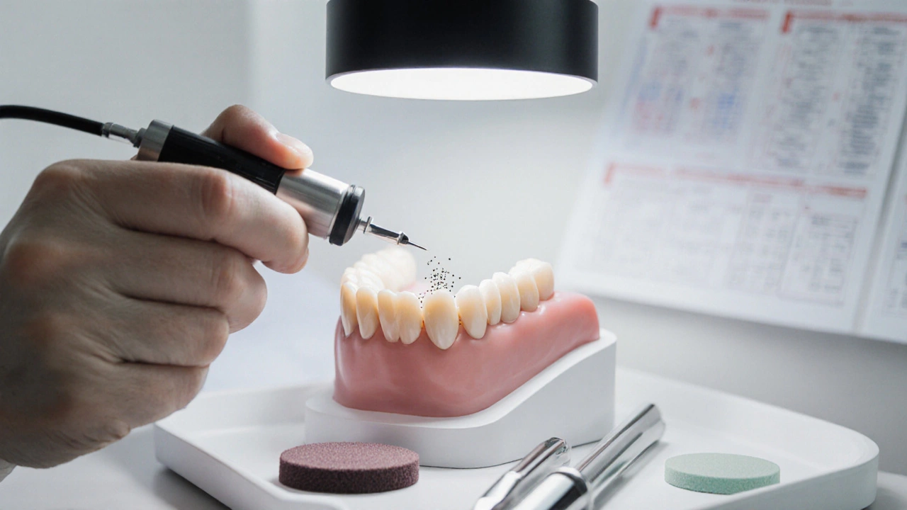 Ruka přikládá keramickou fazetu na zub pod lůžkovou lampou.