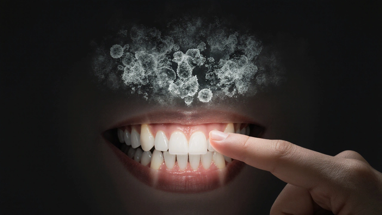 Ruka se dotýká zubů, zatímco nad nimi plavou bakterie a minerály zubního kamene.