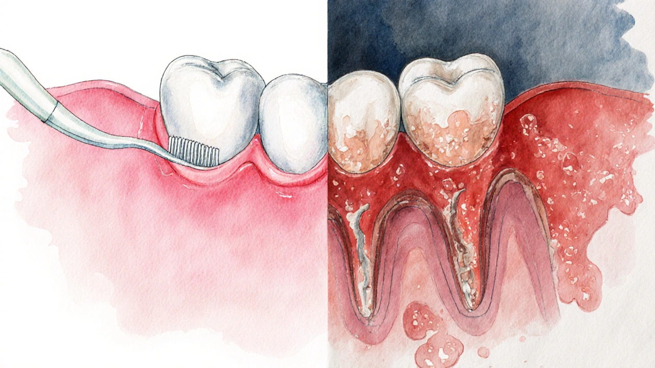 Srovnání zdravých a zánětlivých dásní s mezizubním kartáčkem.